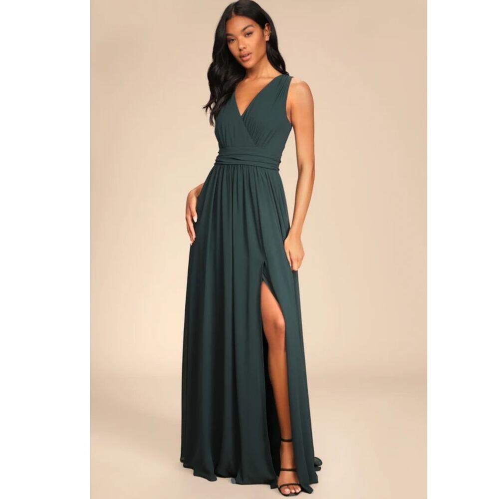 NWT Lulus Thoughts of Hue‎ Emerald Green Surplice Maxi Dress Size L